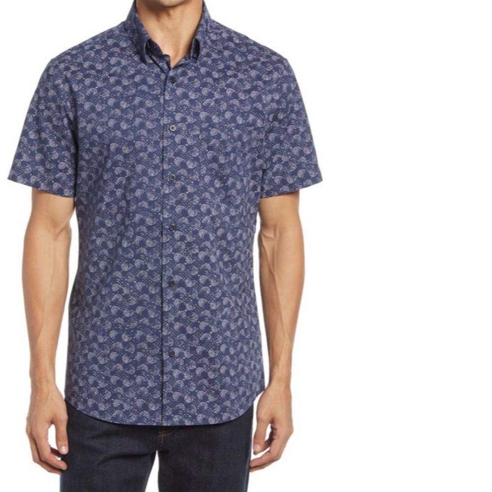 Nordstrom Trim Fit Blue Dot Print Short Sleeve Button Up Shirt Size XL